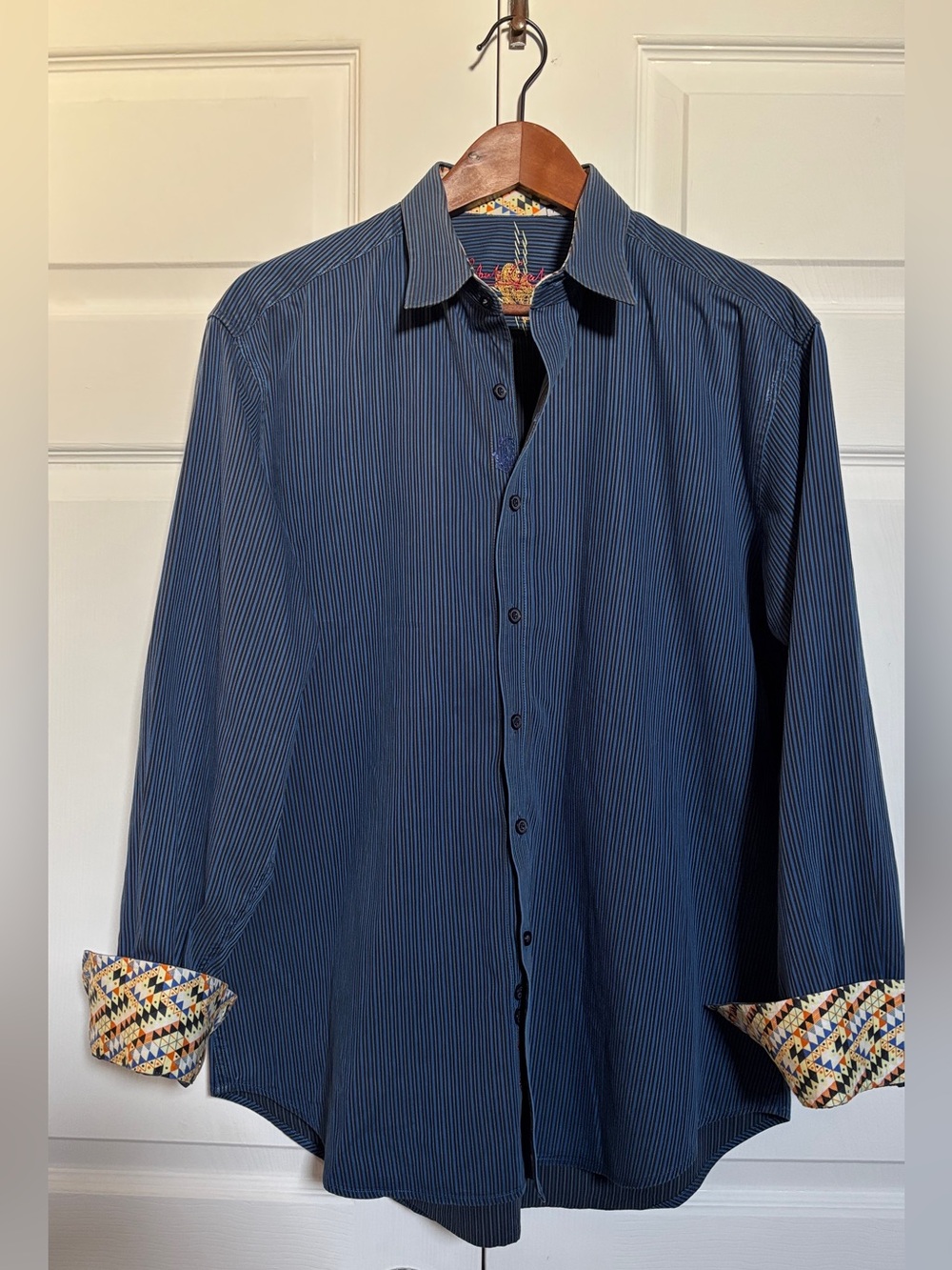 Robert Graham Men’s XL Blue Striped Button Down Shirt Embroidered Flip Cuff